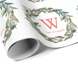 Monogram Greenery Wreath Christmas Holiday Wrapping Paper