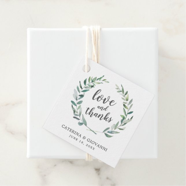 Monogram Greenery Wreath Elegant Wedding Favour Tags (In Situ)
