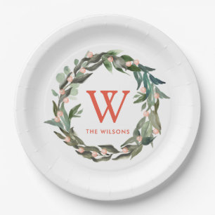 Monogram Greenery Wreath Holiday White Paper Plate
