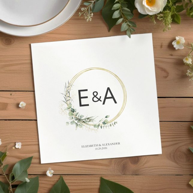 Monogram Greenery Wreaths Eucalyptus Wedding  Napkin (Creator Uploaded)
