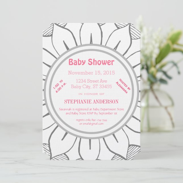 Monogram Grey and Pink Modern Medallion Pattern Invitation (Standing Front)