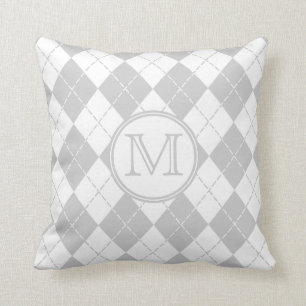 Monogram Grey and White Argyle Throw Pillow