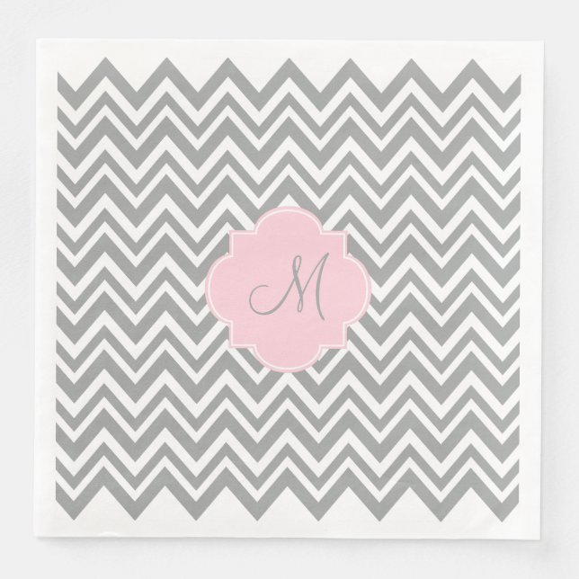 Monogram Grey and White Chevron with Pastel Pink Napkin (Front)
