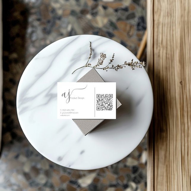 Monogram Grey and white QR code business card (White and grey monogram QR code business card with space for your own QR code.)