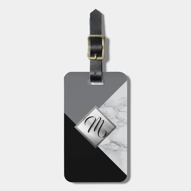 Monogram Grey, Black and Grey Marble Luggage Tag (Front Vertical)