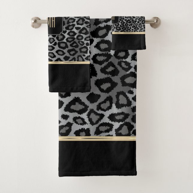  Monogram Grey & Black Leopard with Gold Band Bath Towel Set (Insitu)