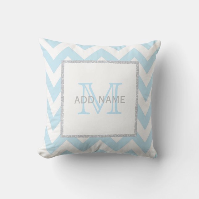 Monogram Grey Blue Chevron Baby Boy Pillow (Front)