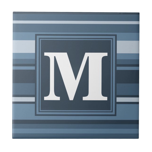 Monogram grey-blue stripes ceramic tile (Front)