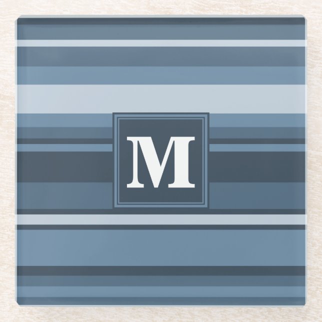 Monogram grey-blue stripes glass coaster (Front)