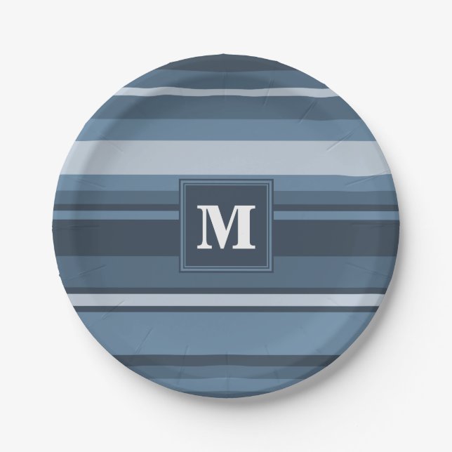 Monogram grey-blue stripes paper plate (Front)