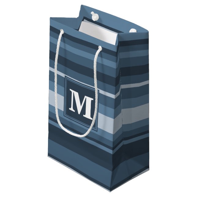 Monogram grey-blue stripes small gift bag (Front Angled)
