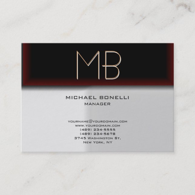Monogram grey browny red stylish business card (Front)