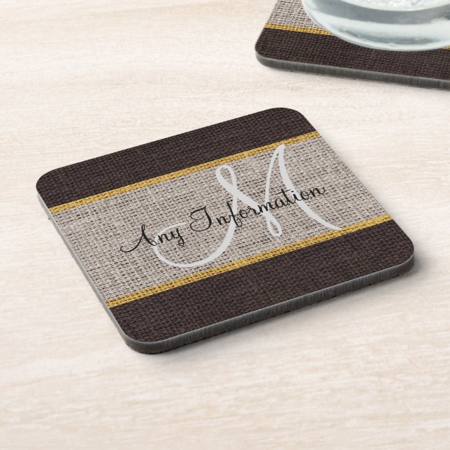 Monogram Grey Burlap Linen Rustic Jute Coaster (Left Side)