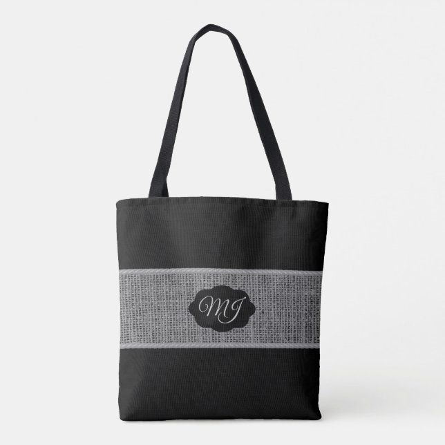 Monogram Grey Burlap on Black Tote Bag (Back)