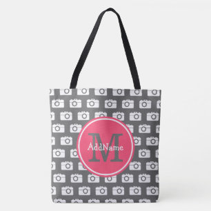Monogram Grey Camera Pattern & Pink Custom Name Tote Bag