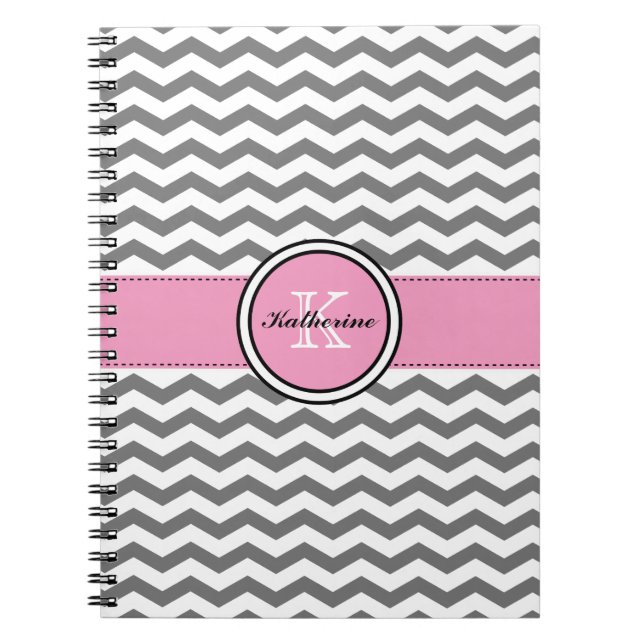 Monogram Grey Chevron and Pink Spiral Notebook (Front)