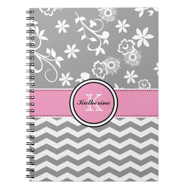 Monogram Grey Chevron Floral Pink Spiral Notebook (Front)
