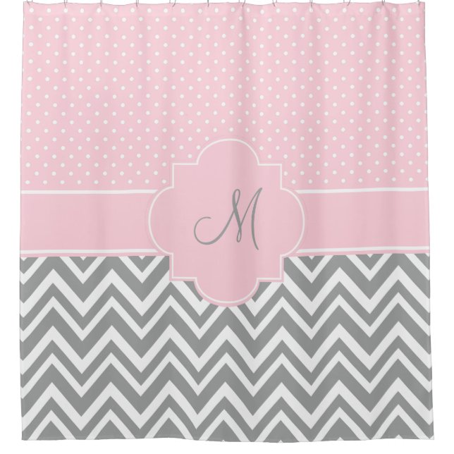 Monogram Grey Chevron with Pastel Pink Polka Dot Shower Curtain (Front)