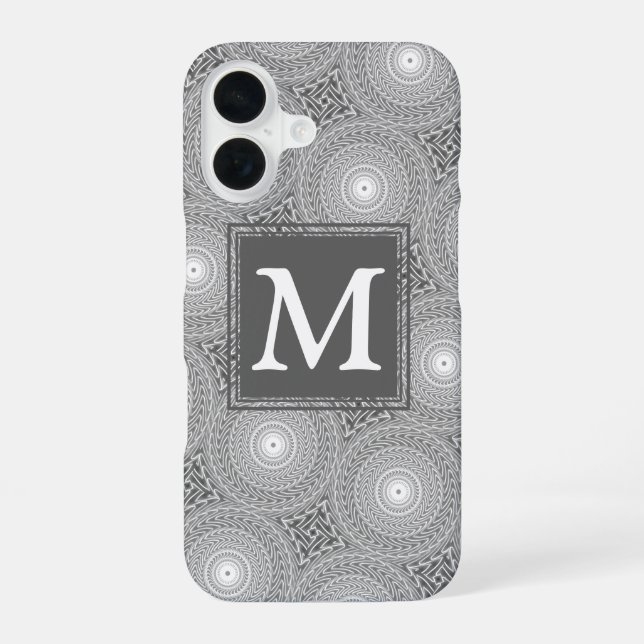 Monogram grey circles pattern iPhone 16 case (Back)