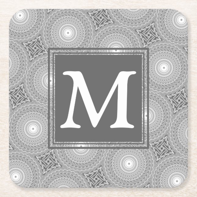 Monogram grey circles pattern square paper coaster (Front)