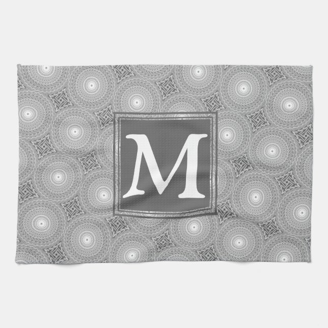 Monogram grey circles pattern tea towel (Horizontal)