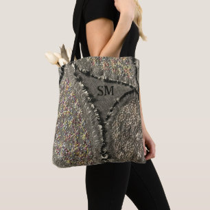 Monogram grey floral printed linen toile look tote bag
