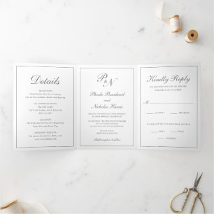 Monogram Grey Formal Photo Traditional Wedding Tri-Fold Invitation