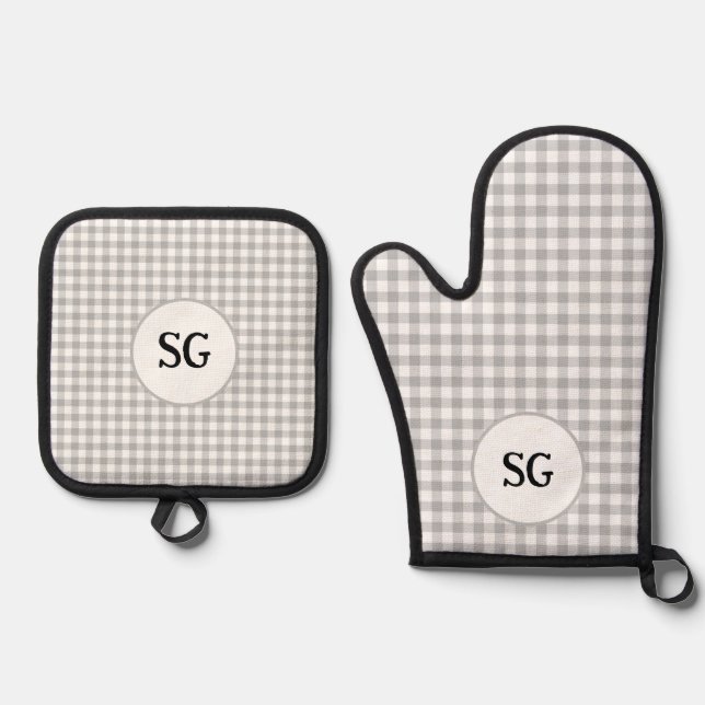 Monogram Grey Gingham Check  Oven Mitt & Pot Holder Set (Front)
