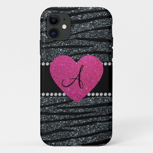 Monogram Grey glitter zebra stripes pink heart Case-Mate iPhone Case (Back)