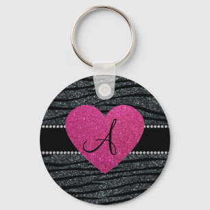 Monogram Grey glitter zebra stripes pink heart Key Ring