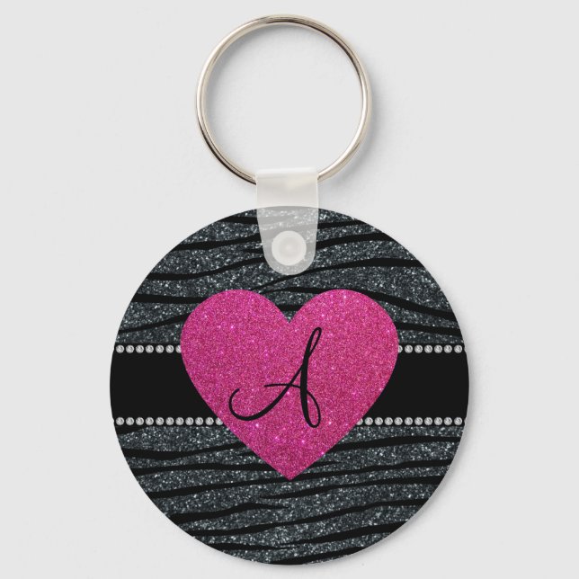 Monogram Grey glitter zebra stripes pink heart Key Ring (Front)