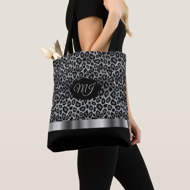 Monogram Grey Leopard Pattern Tote Bag (Close Up)