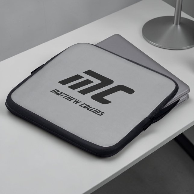 Monogram Grey Minimalist Name Black Text Men's Laptop Sleeve (Monogram Gray Minimalist Name Black Text Men's Laptop Sleeve)