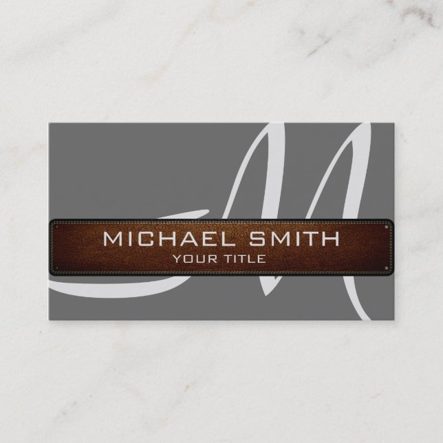 Monogram Grey Modern Leather Look Business Card (Front)