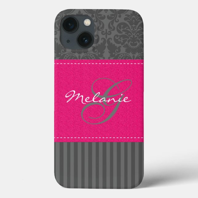 Monogram Grey Pink Damask Stripe iPad Air Case (Back)