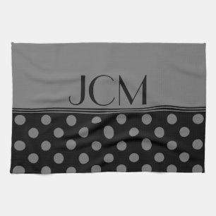 Monogram Grey Polka Dots on Black Tea Towel