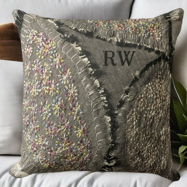 Monogram grey printed linen look floral grunge  cushion (Creator Uploaded)