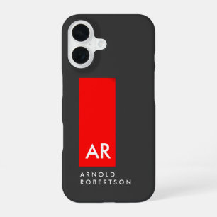 Monogram Grey Red Modern Add Replace Name Initials iPhone 16 Case