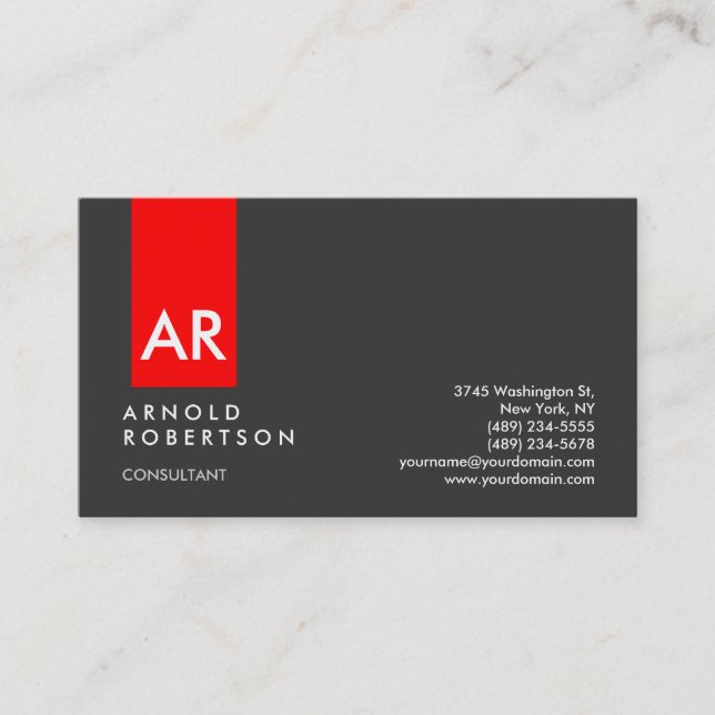 Monogram Grey Red Modern Consultant Business Card (Front)