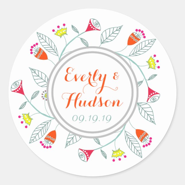 Monogram Grey Red Teal Yellow Pink Modern Garland Classic Round Sticker (Front)