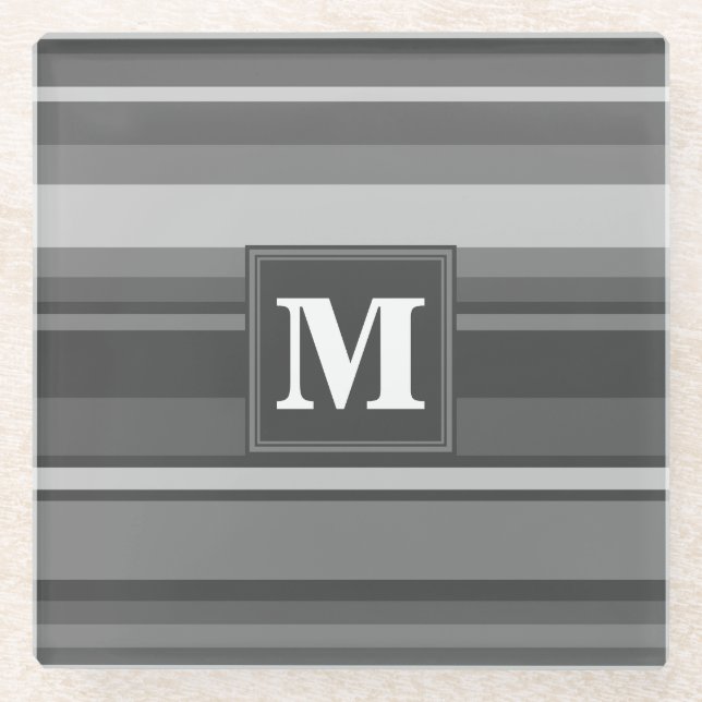 Monogram grey stripes glass coaster (Front)