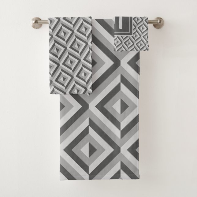 Monogram Grey Three-Tone Diamond Pattern Bath Towel Set (Insitu)