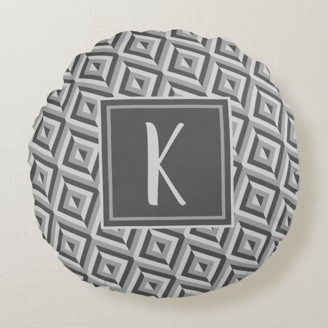 Monogram Grey Three-Tone Diamond Pattern Round Cushion (Front)