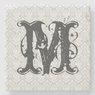 Monogram Grey Tones Vintage Floral Pattern Stone Coaster