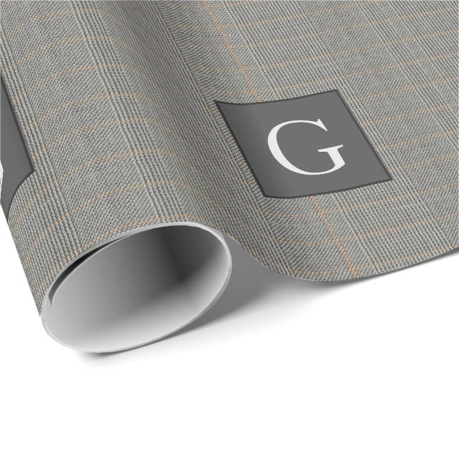 Monogram Grey Tweed Groomsman Bestman Wedding Gift Wrapping Paper (Roll Corner)