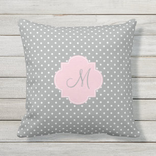 Monogram Grey, White and Pastel Pink Polka Dot Outdoor Cushion