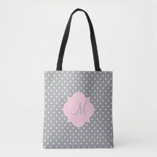 Monogram Grey, White and Pastel Pink Polka Dot Tote Bag