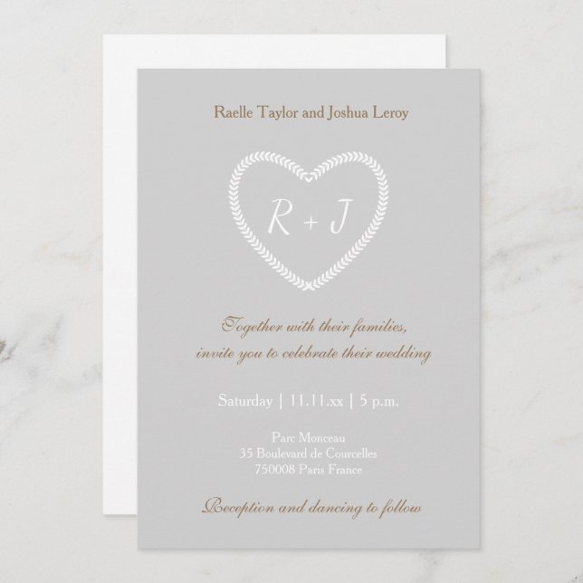 Monogram Grey White Gold Heart Shaped Wedding Invitation (Front/Back)