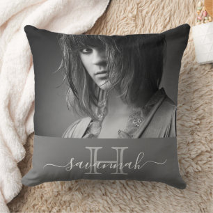 Monogram grey white photo name modern cushion