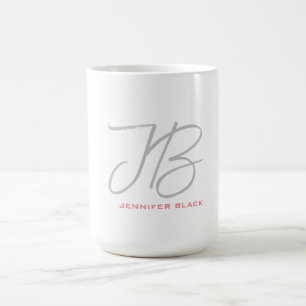 Monogram Grey White Plain Calligraphy Script Coffee Mug